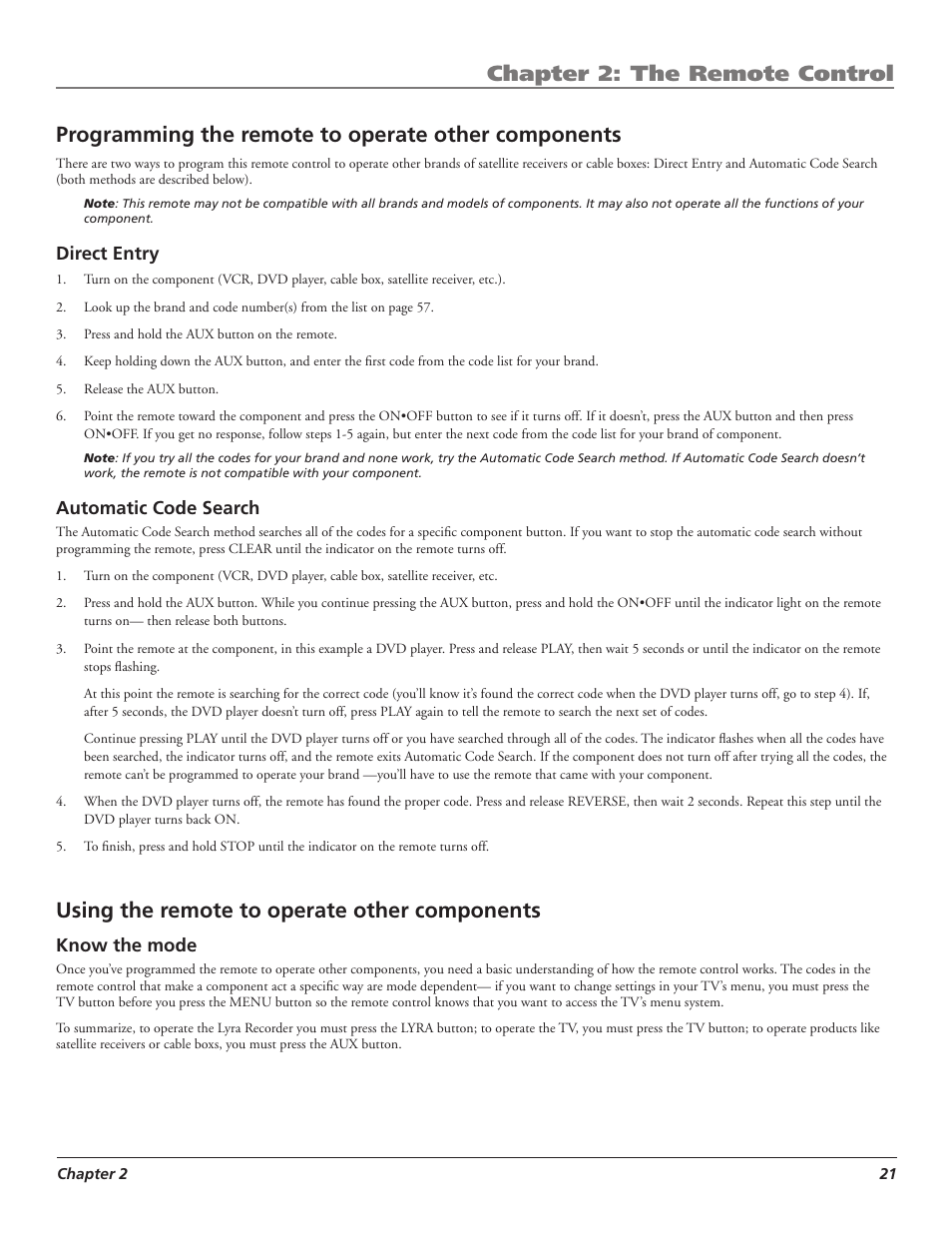 Chapter 2: the remote control, Programming the remote to operate other components, Using the remote to operate other components | RCA LYRA X3000 User Manual | Page 27 / 68