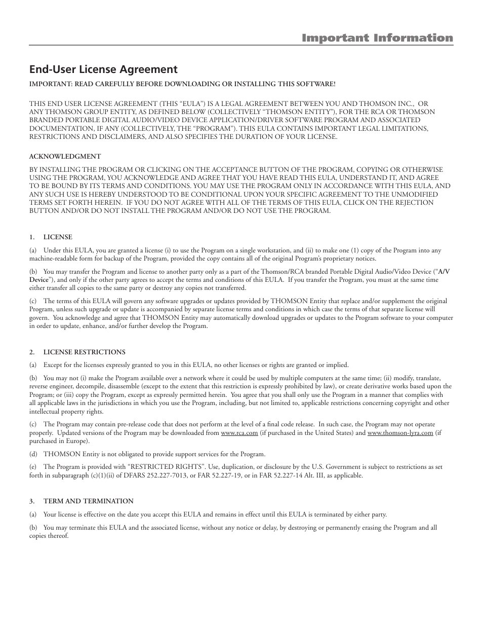 End-user license agreement, Important information | RCA LYRA X3000 User Manual | Page 3 / 68