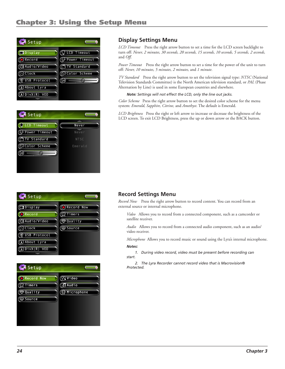 Chapter 3: using the setup menu, Display settings menu, Record settings menu | RCA LYRA X3000 User Manual | Page 30 / 68