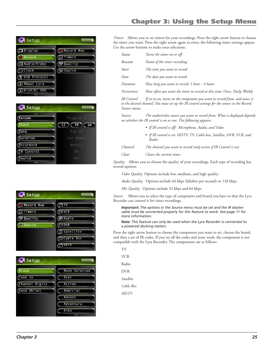 Chapter 3: using the setup menu | RCA LYRA X3000 User Manual | Page 31 / 68