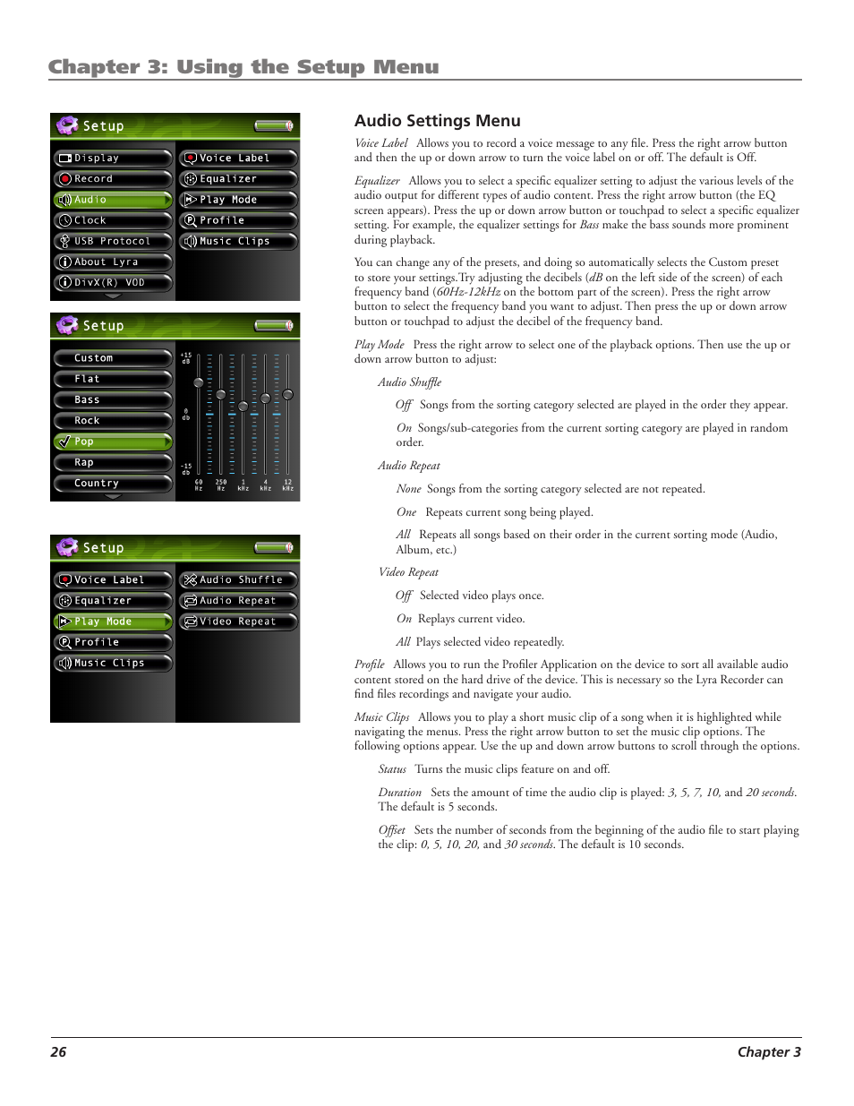 Chapter 3: using the setup menu, Audio settings menu | RCA LYRA X3000 User Manual | Page 32 / 68