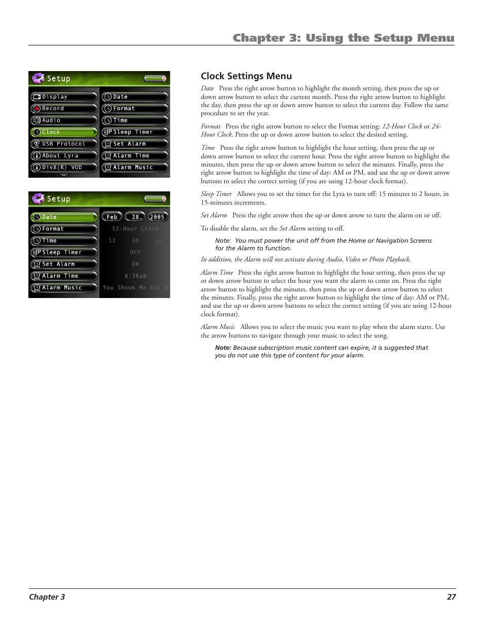 Chapter 3: using the setup menu | RCA LYRA X3000 User Manual | Page 33 / 68
