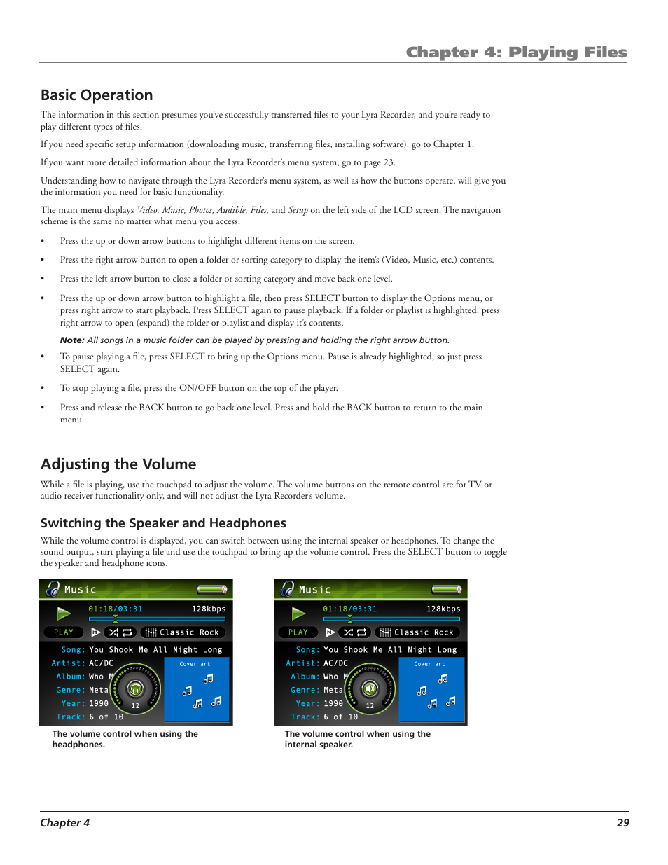 Chapter 4: playing files, Basic operation, Adjusting the volume | RCA LYRA X3000 User Manual | Page 35 / 68