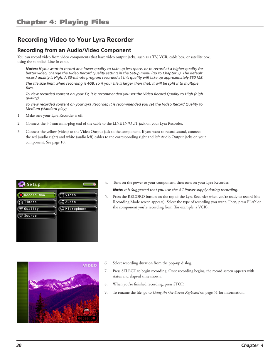 Chapter 4: playing files, Recording video to your lyra recorder | RCA LYRA X3000 User Manual | Page 36 / 68