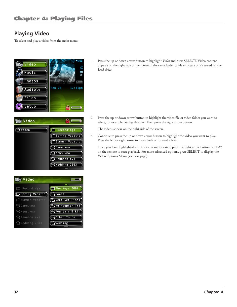 Chapter 4: playing files, Playing video | RCA LYRA X3000 User Manual | Page 38 / 68