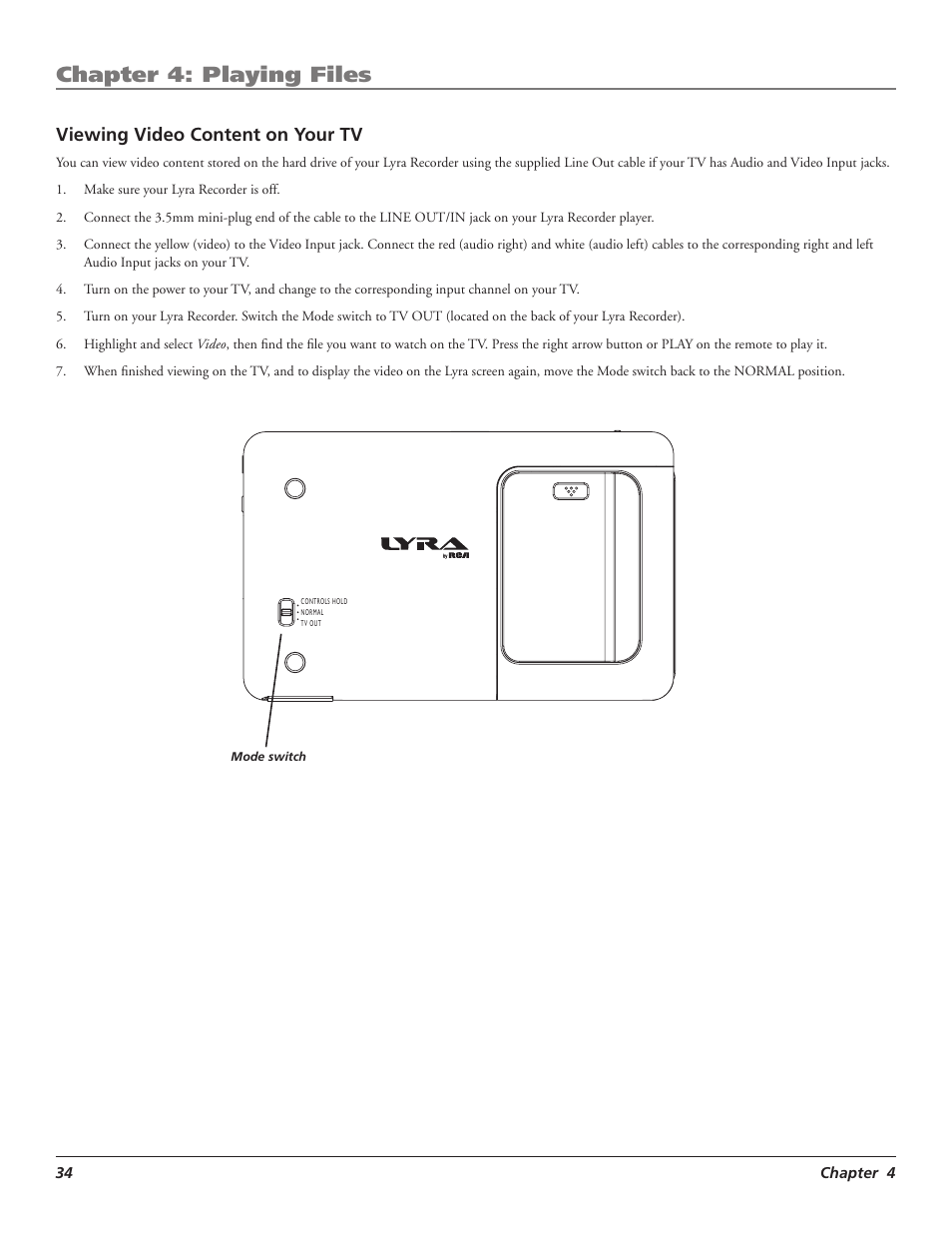 Chapter 4: playing files, Viewing video content on your tv | RCA LYRA X3000 User Manual | Page 40 / 68