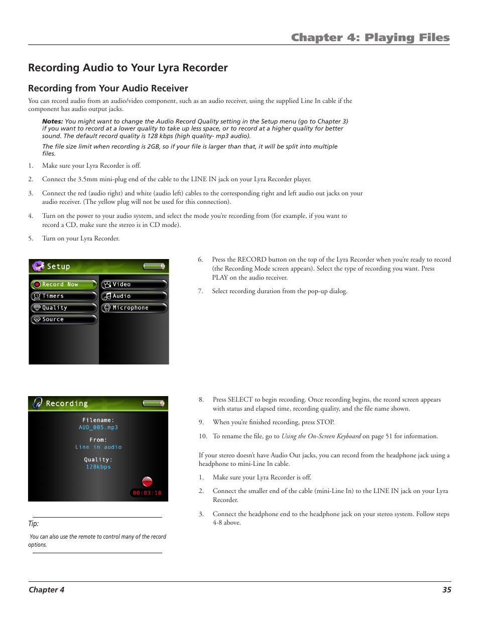 Chapter 4: playing files, Recording audio to your lyra recorder | RCA LYRA X3000 User Manual | Page 41 / 68