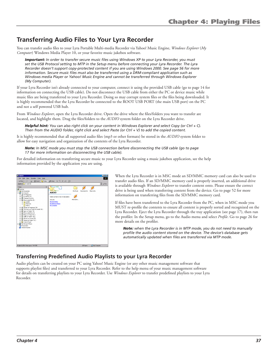 Chapter 4: playing files, Transferring audio files to your lyra recorder | RCA LYRA X3000 User Manual | Page 43 / 68