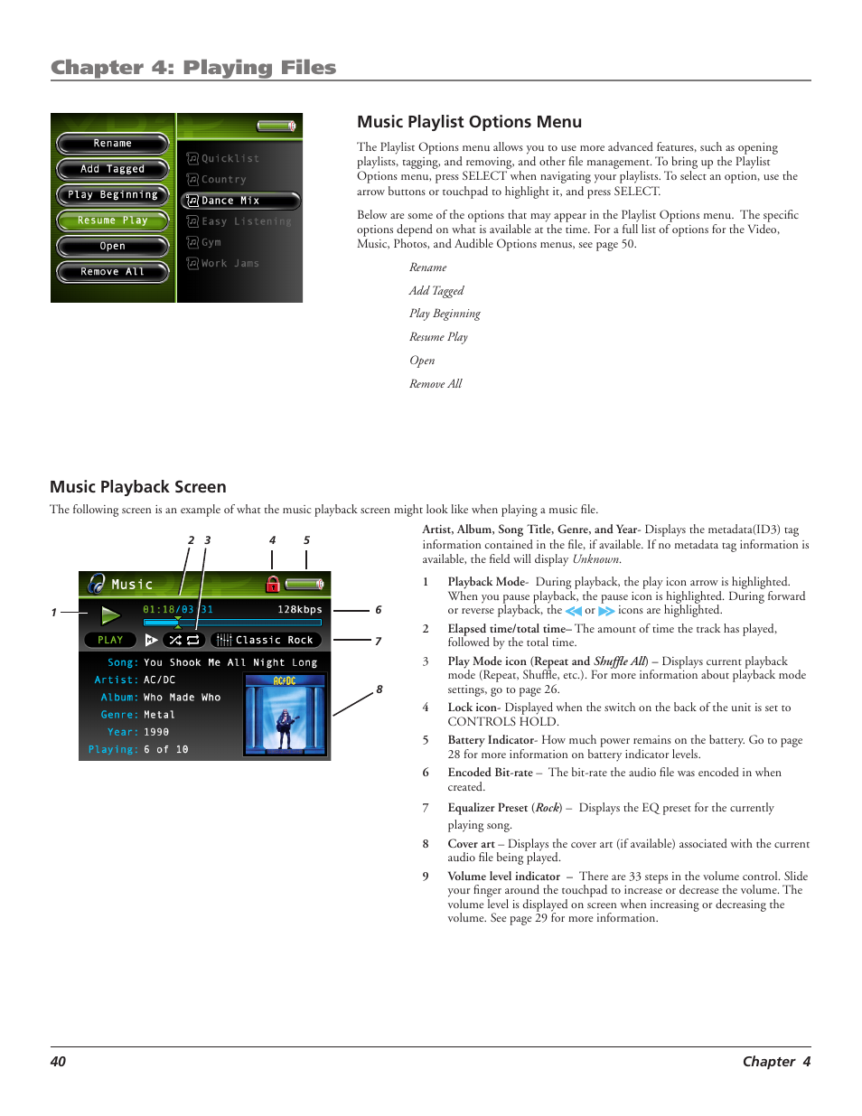 Chapter 4: playing files, Music playback screen, Music playlist options menu | RCA LYRA X3000 User Manual | Page 46 / 68