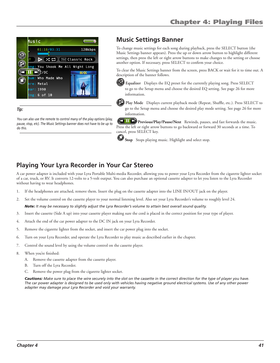 Chapter 4: playing files, Music settings banner, Playing your lyra recorder in your car stereo | RCA LYRA X3000 User Manual | Page 47 / 68