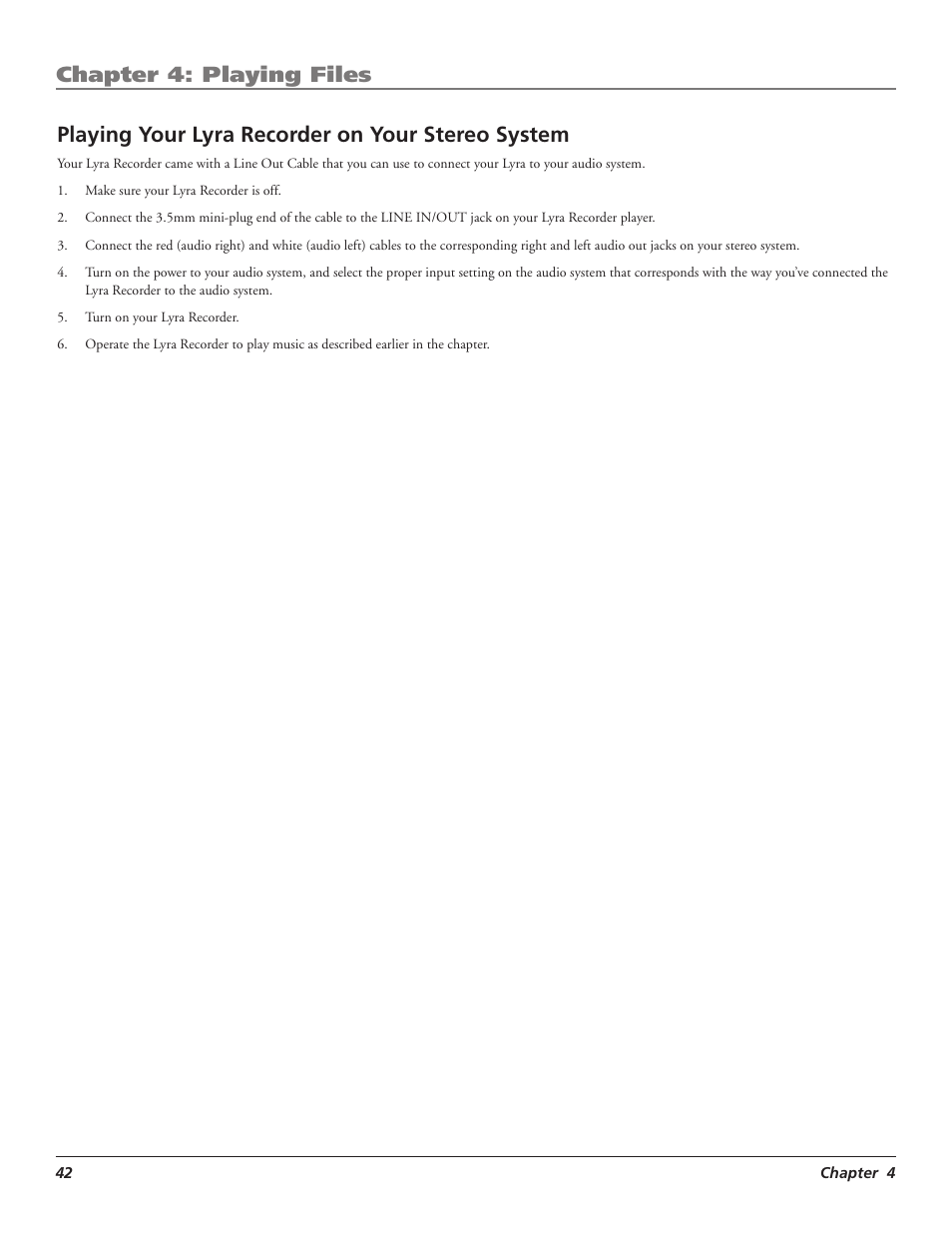 Chapter 4: playing files, Playing your lyra recorder on your stereo system | RCA LYRA X3000 User Manual | Page 48 / 68