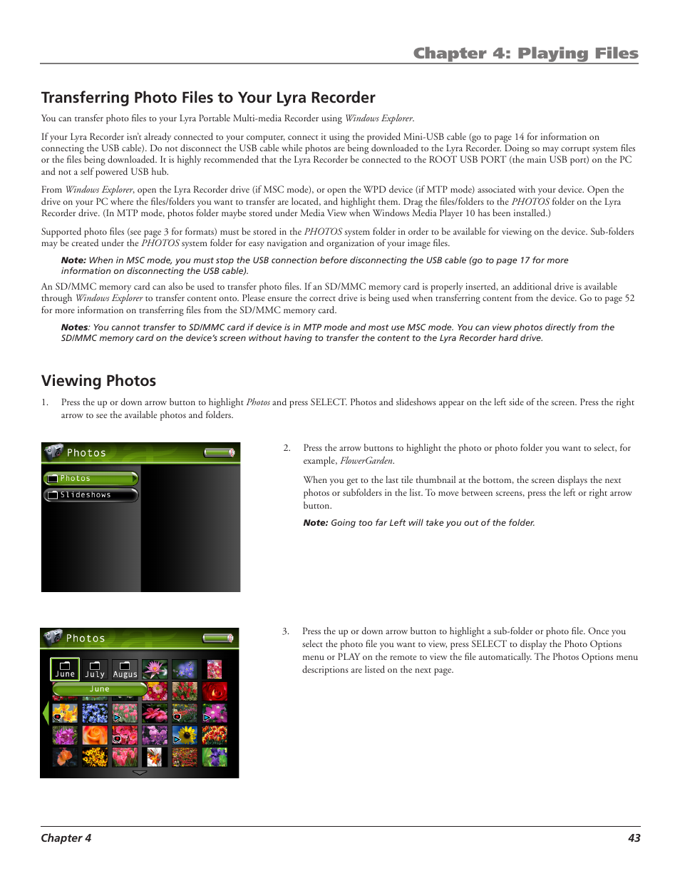 Chapter 4: playing files, Transferring photo files to your lyra recorder, Viewing photos | RCA LYRA X3000 User Manual | Page 49 / 68