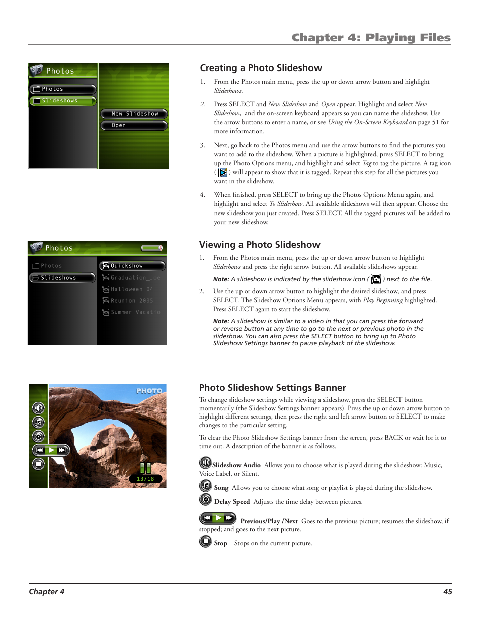 Chapter 4: playing files, Creating a photo slideshow, Viewing a photo slideshow | Photo slideshow settings banner | RCA LYRA X3000 User Manual | Page 51 / 68