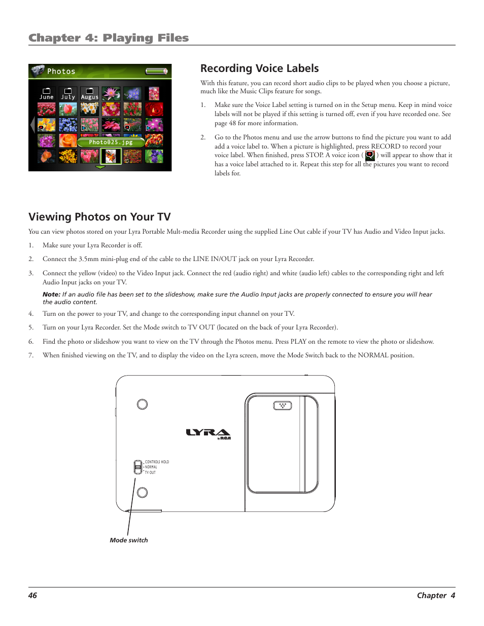 Chapter 4: playing files, Recording voice labels, Viewing photos on your tv | RCA LYRA X3000 User Manual | Page 52 / 68