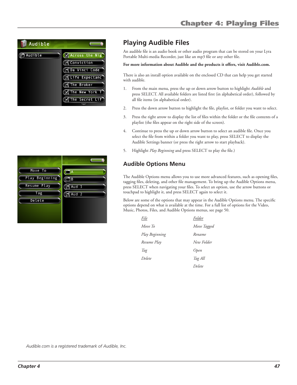 Chapter 4: playing files, Playing audible files, Audible options menu | RCA LYRA X3000 User Manual | Page 53 / 68