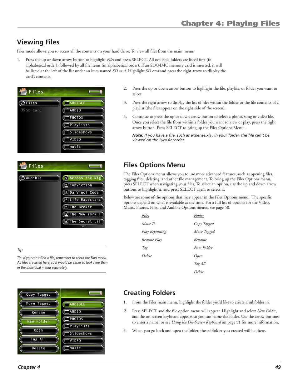 Chapter 4: playing files, Viewing files, Files options menu | Creating folders | RCA LYRA X3000 User Manual | Page 55 / 68