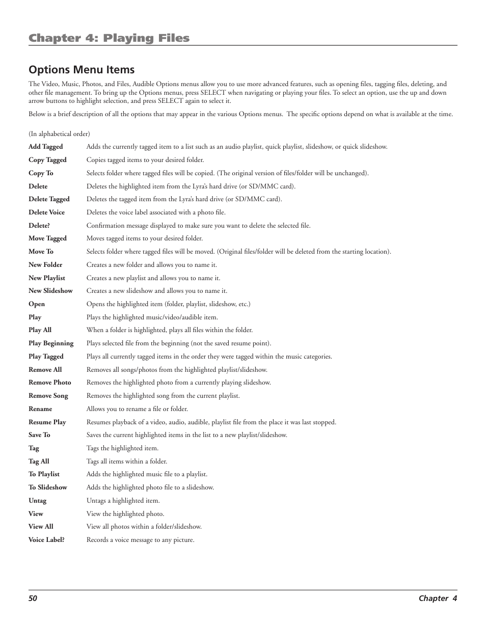 Chapter 4: playing files, Options menu items | RCA LYRA X3000 User Manual | Page 56 / 68