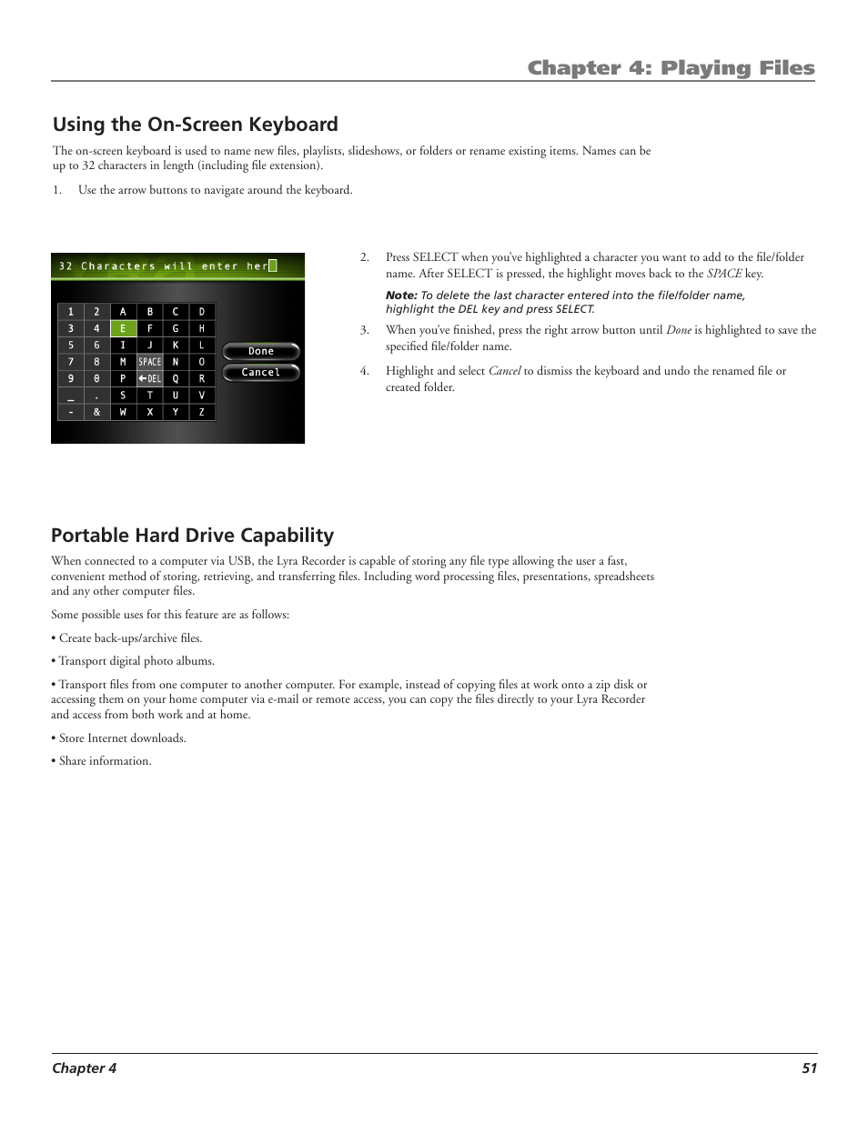 Chapter 4: playing files, Using the on-screen keyboard, Portable hard drive capability | RCA LYRA X3000 User Manual | Page 57 / 68