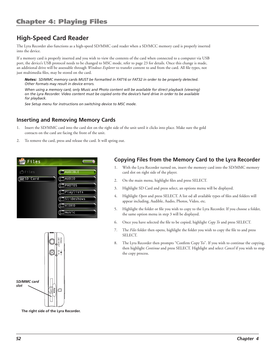 Chapter 4: playing files, High-speed card reader | RCA LYRA X3000 User Manual | Page 58 / 68