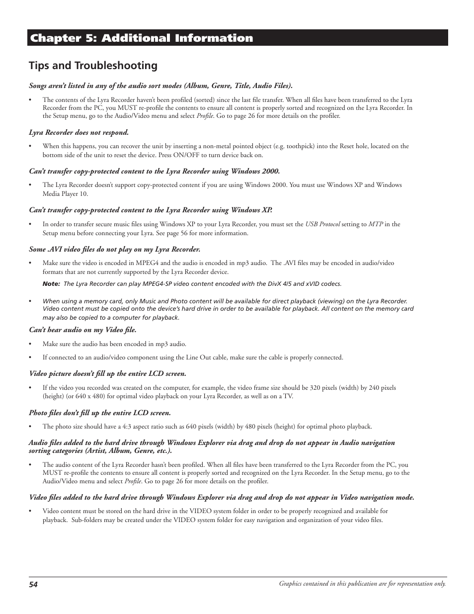 Chapter 5: additional information, Tips and troubleshooting | RCA LYRA X3000 User Manual | Page 60 / 68