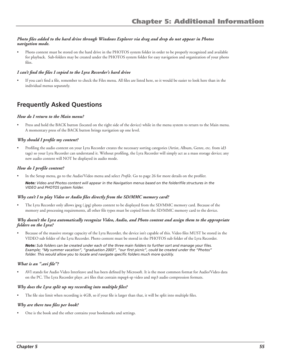 Chapter 5: additional information, Frequently asked questions | RCA LYRA X3000 User Manual | Page 61 / 68