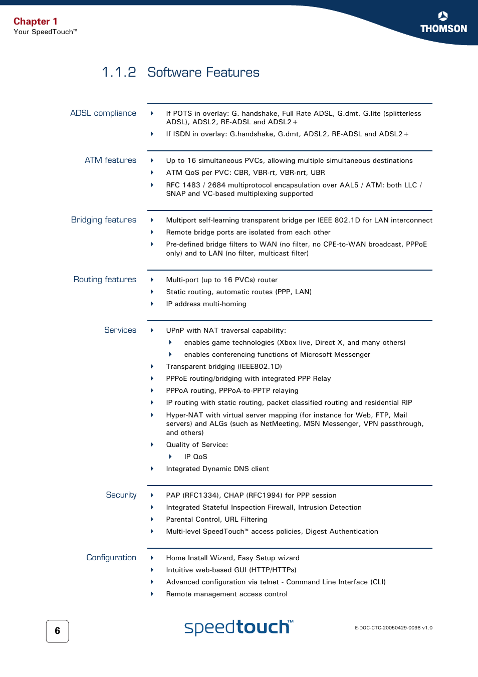 2 software features, Adsl compliance, Atm features | Bridging features, Routing features, Services, Security, Configuration, Software features, Chapter 1 | RCA 516 User Manual | Page 14 / 102