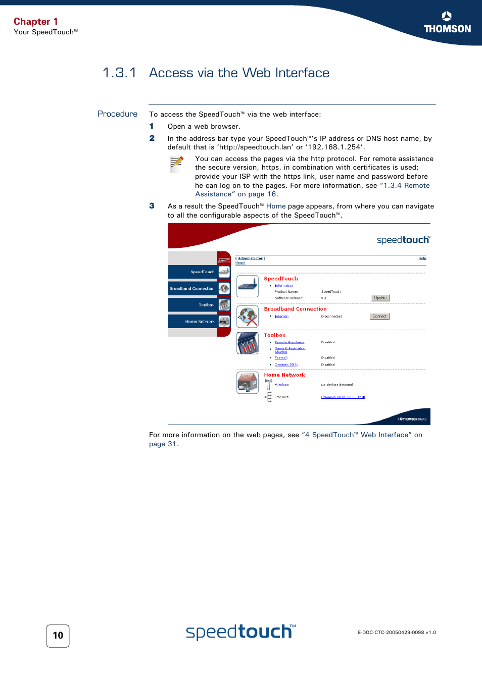 1 access via the web interface, Procedure, Access via the web interface | For more information, see, 1 access via, Chapter 1 | RCA 516 User Manual | Page 18 / 102