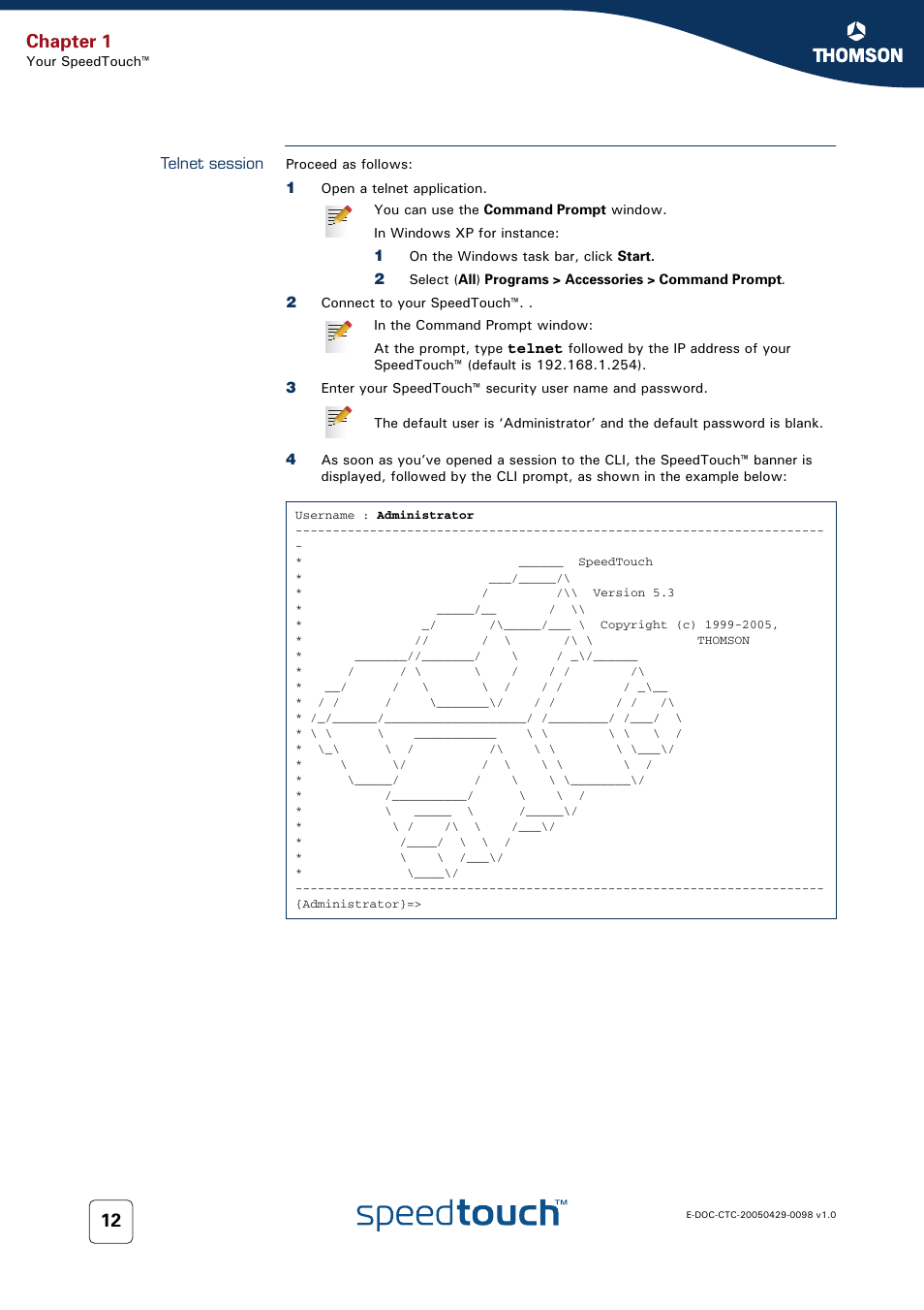 Telnet session, Chapter 1 | RCA 516 User Manual | Page 20 / 102