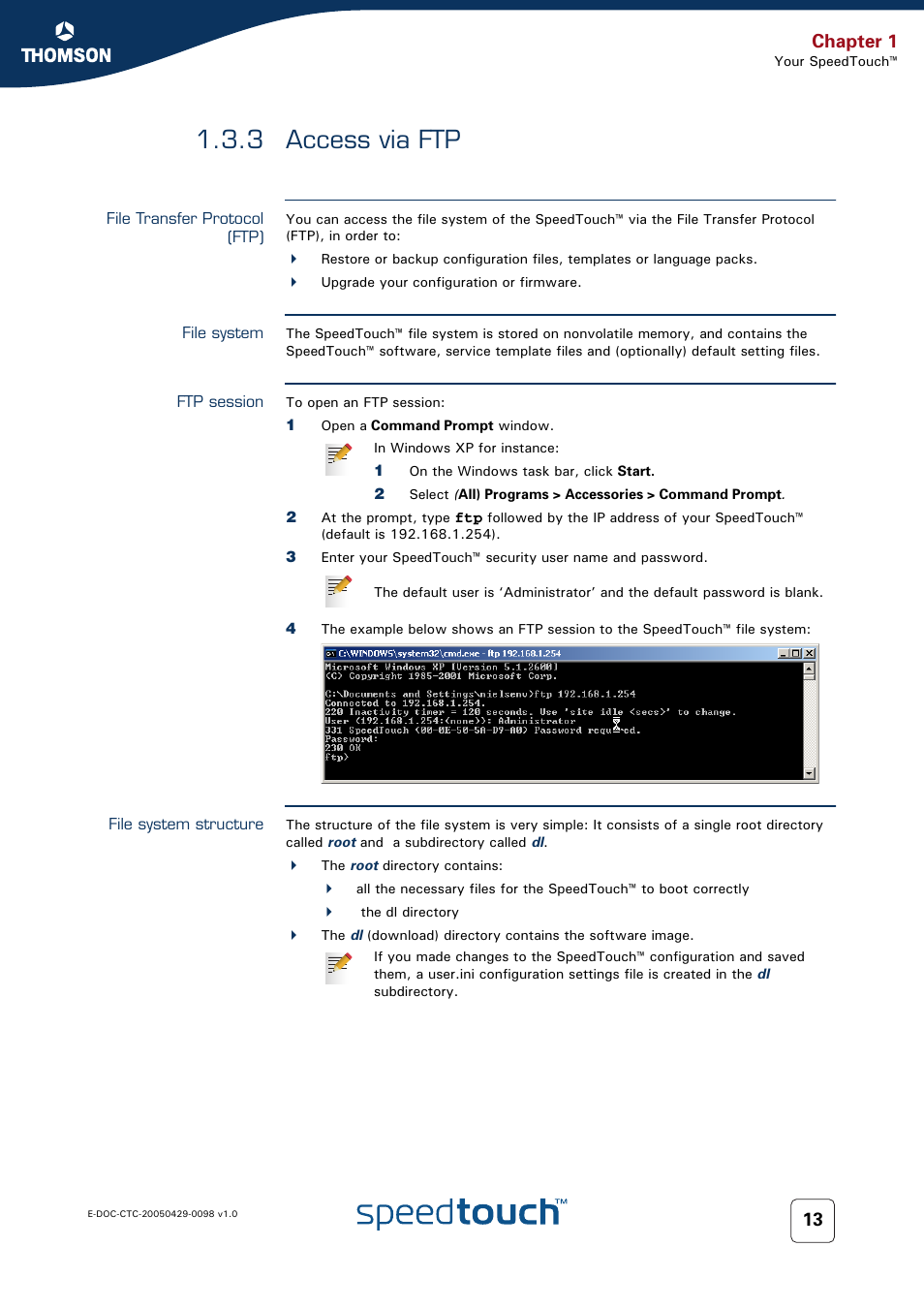 3 access via ftp, File transfer protocol (ftp), File system | Ftp session, File system structure, Access via ftp, For more information, see, 3 access via, Chapter 1 | RCA 516 User Manual | Page 21 / 102