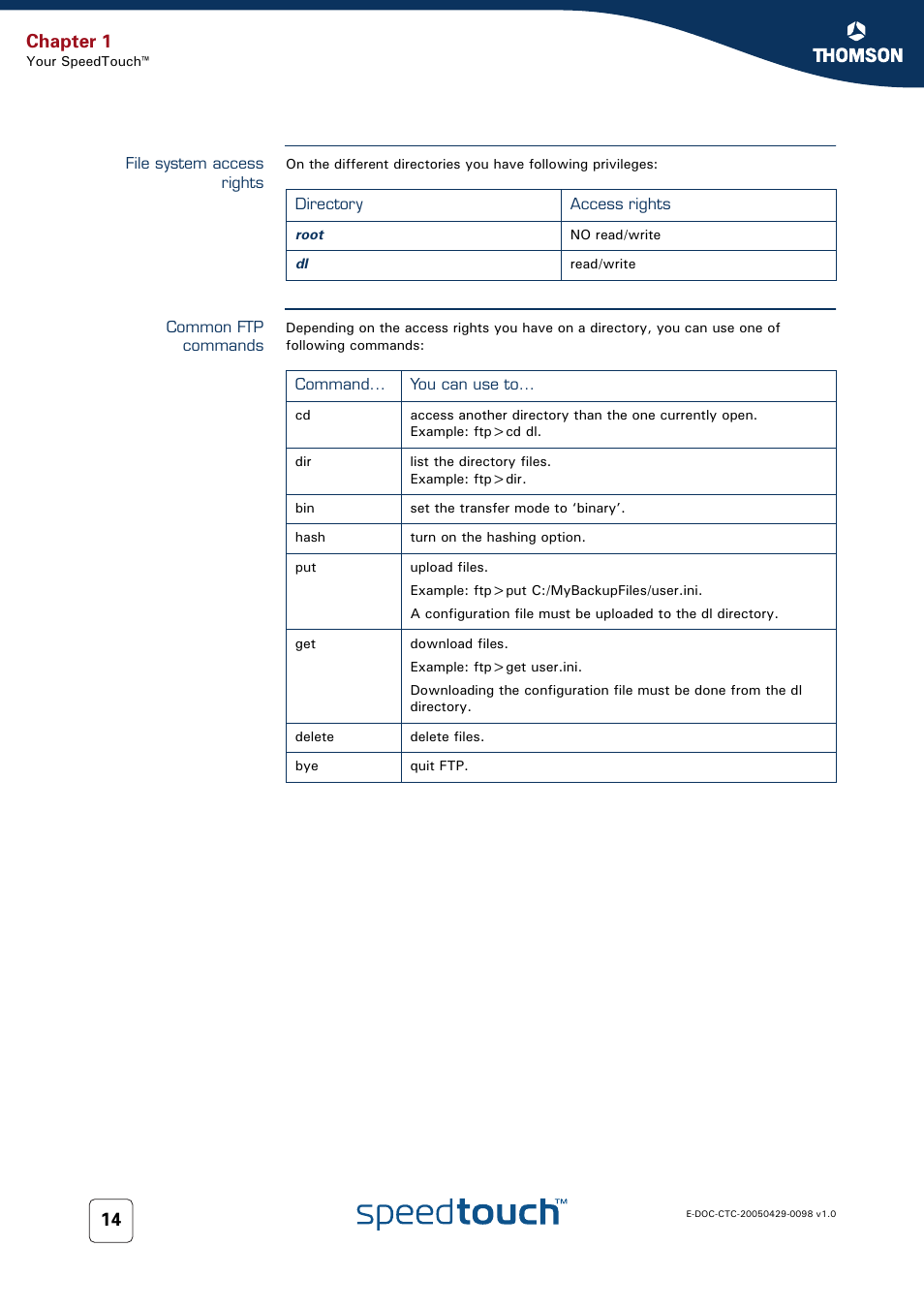 File system access rights, Common ftp commands, Chapter 1 | RCA 516 User Manual | Page 22 / 102