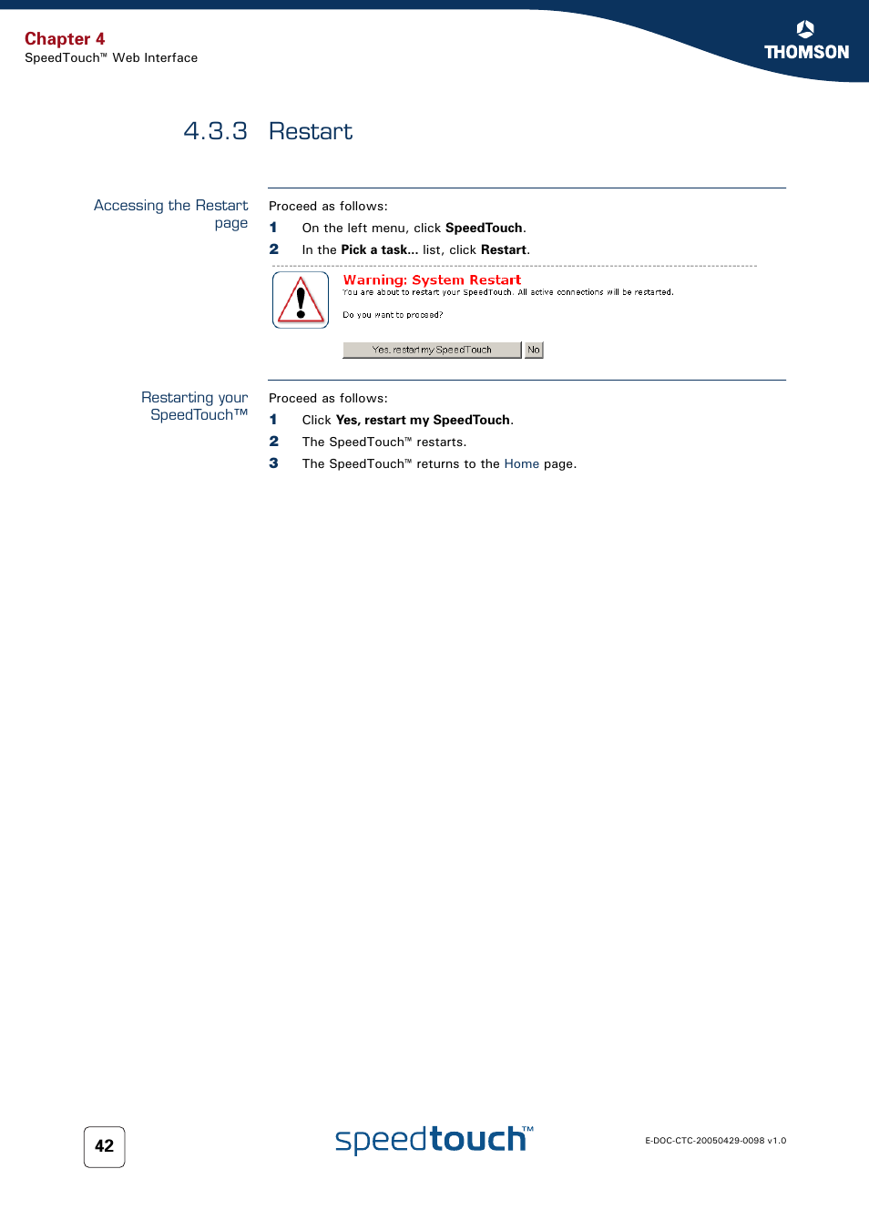 3 restart, Restarting your speedtouch, Restart | Chapter 4 | RCA 516 User Manual | Page 50 / 102