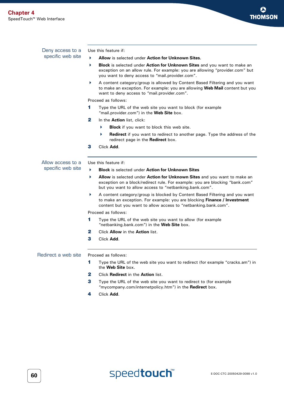 Deny access to a specific web site, Allow access to a specific web site, Redirect a web site | Chapter 4 | RCA 516 User Manual | Page 68 / 102