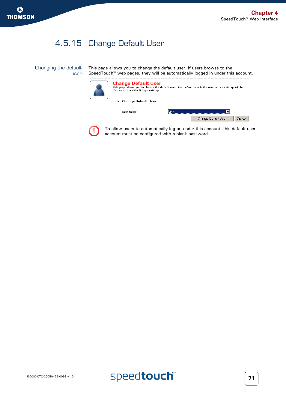 15 change default user, Changing the default user, Change default user | RCA 516 User Manual | Page 79 / 102