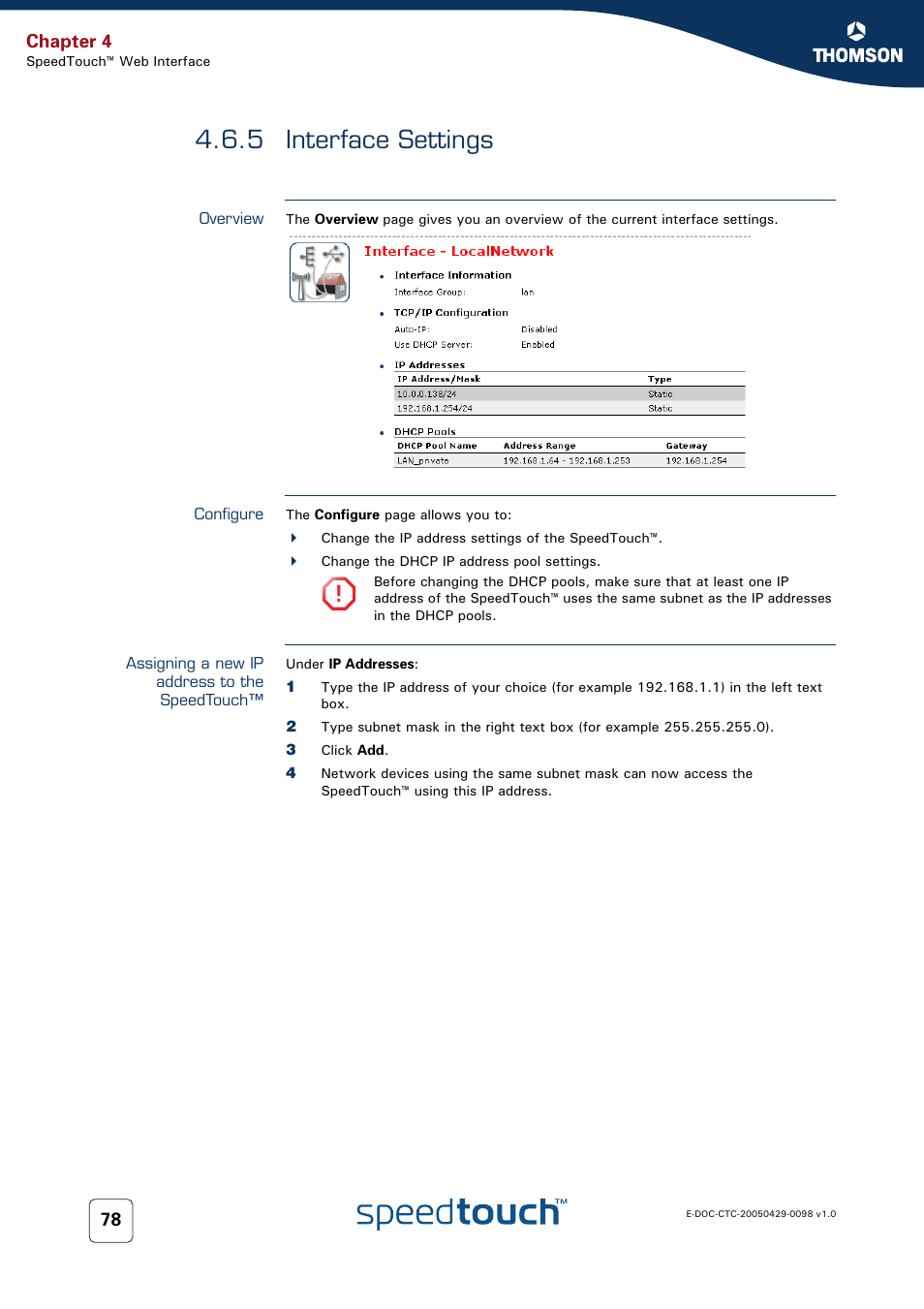 5 interface settings, Overview, Configure | Assigning a new ip address to the speedtouch, Interface settings, Chapter 4 | RCA 516 User Manual | Page 86 / 102