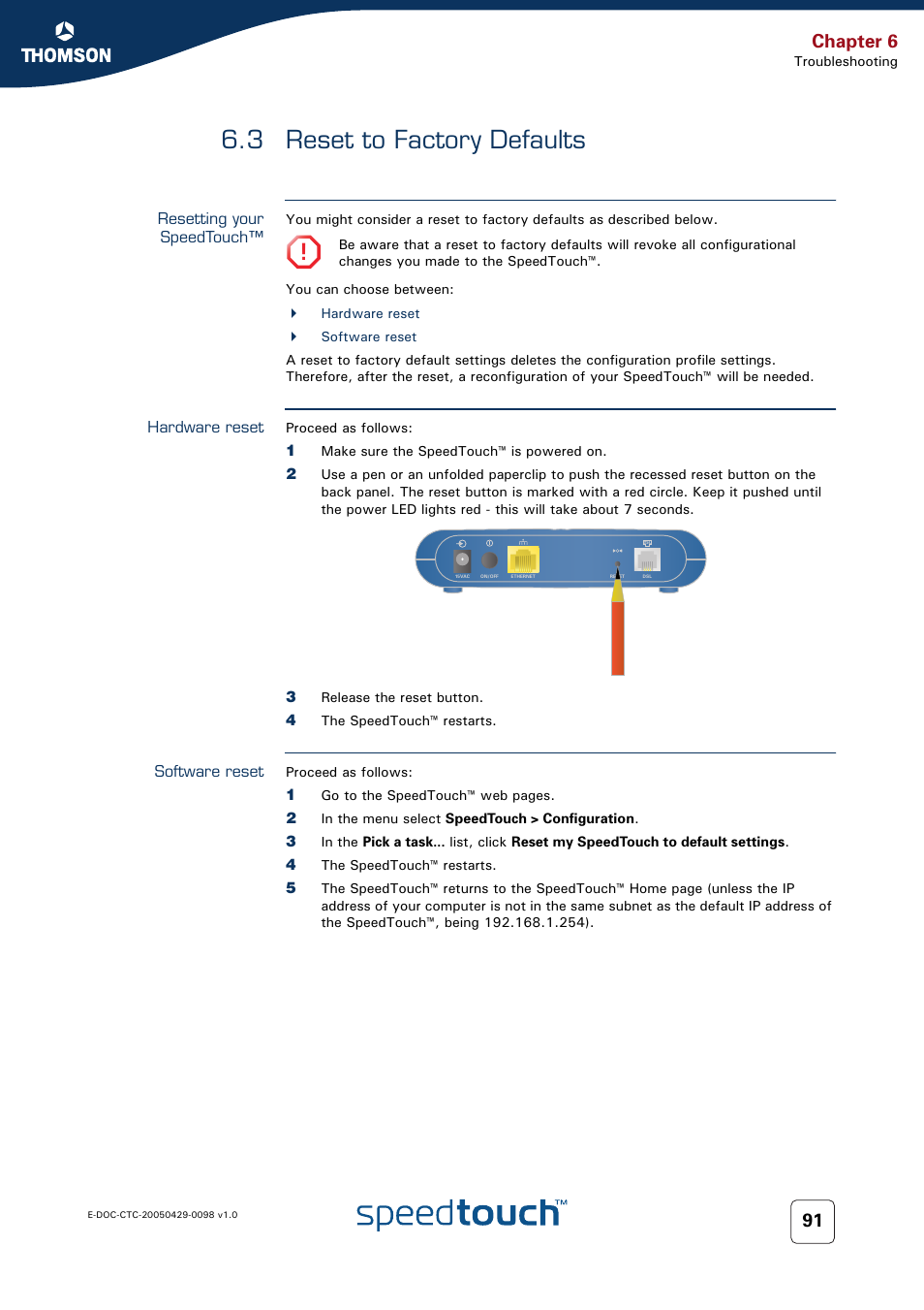 3 reset to factory defaults, Resetting your speedtouch, Hardware reset | Software reset, Reset to factory defaults, Chapter 6 | RCA 516 User Manual | Page 99 / 102