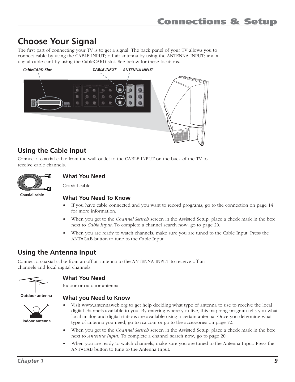 Connections & setup, Choose your signal, Using the cable input | Using the antenna input, Chapter 1 9, What you need, What you need to know | RCA HD50LPW62B User Manual | Page 11 / 80