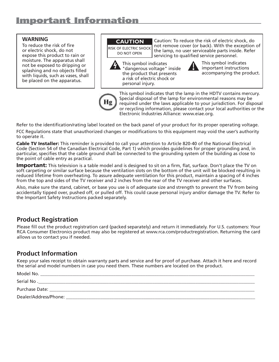 Important information, Product registration, Product information | RCA HD50LPW62B User Manual | Page 2 / 80