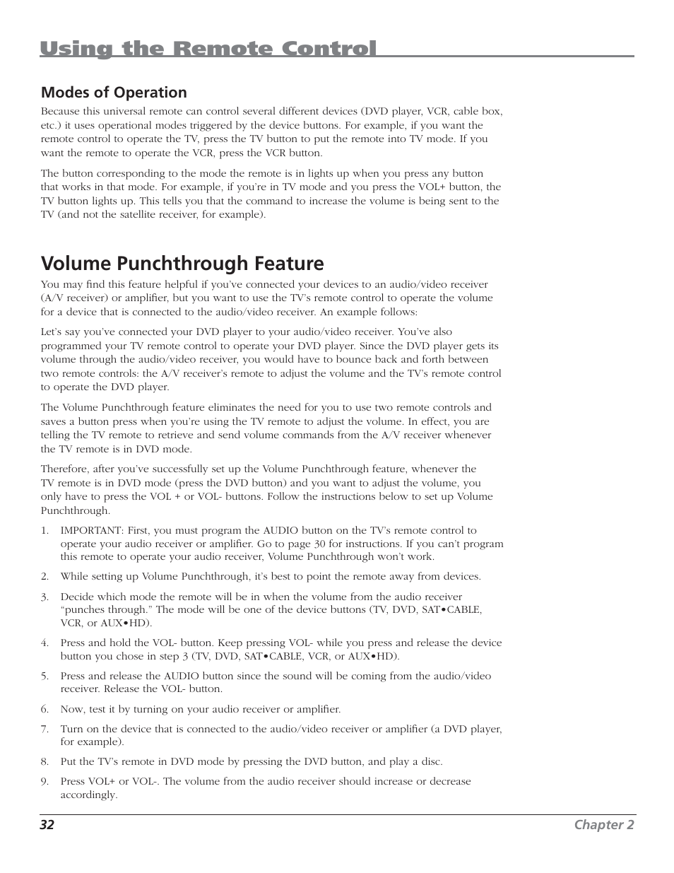 Using the remote control, Volume punchthrough feature, Modes of operation | RCA HD50LPW62B User Manual | Page 34 / 80