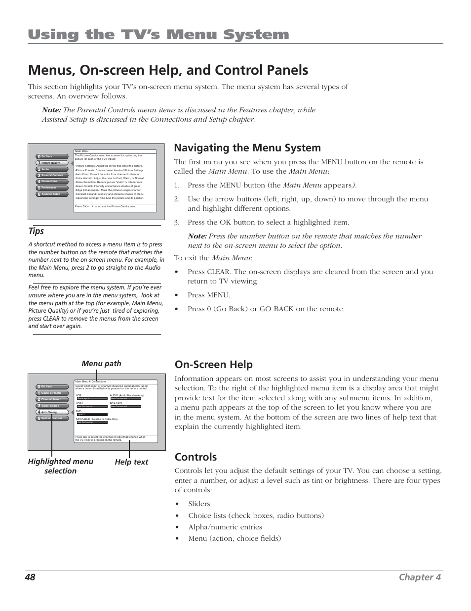 Using the tv’s menu system, Menus, on-screen help, and control panels, Navigating the menu system | On-screen help, Control s, 48 chapter 4, Tips, Menu path help text highlighted menu selection | RCA HD50LPW62B User Manual | Page 50 / 80