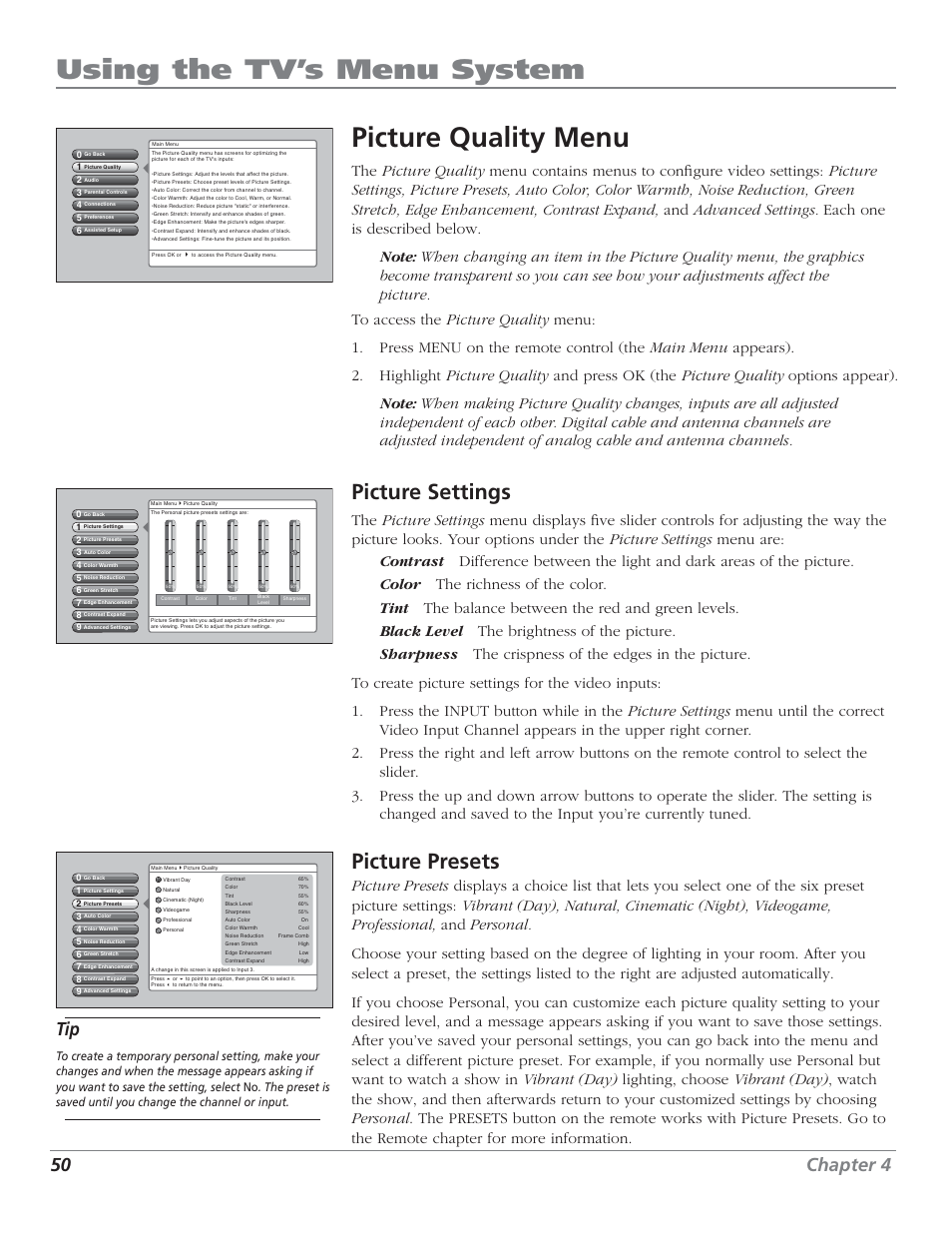 Using the tv’s menu system picture quality menu, Picture settings, Picture presets | 50 chapter 4 | RCA HD50LPW62B User Manual | Page 52 / 80