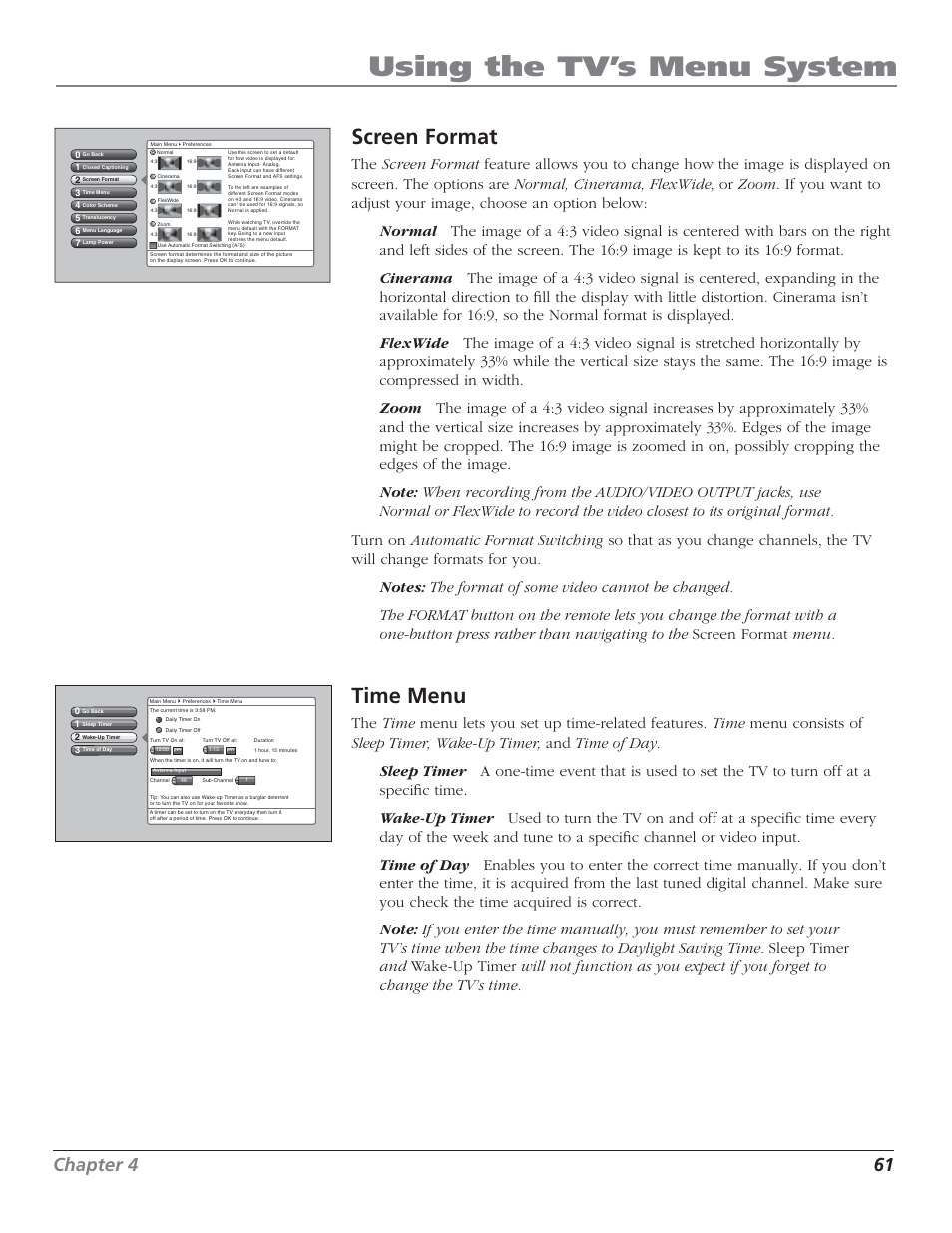 Using the tv’s menu system, Screen format, Time menu | Chapter 4 61 | RCA HD50LPW62B User Manual | Page 63 / 80