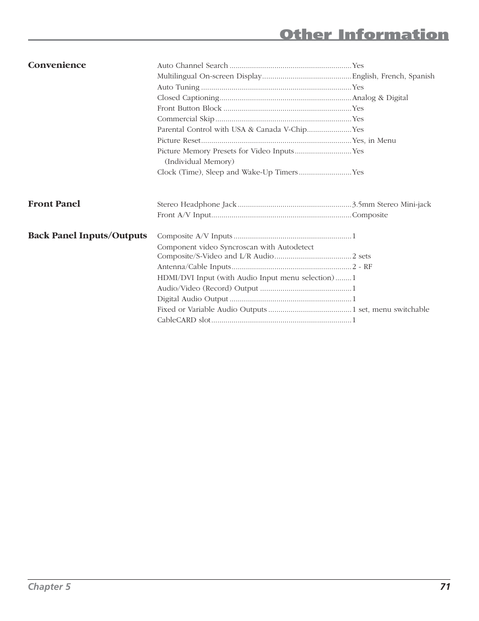 Other information | RCA HD50LPW62B User Manual | Page 73 / 80