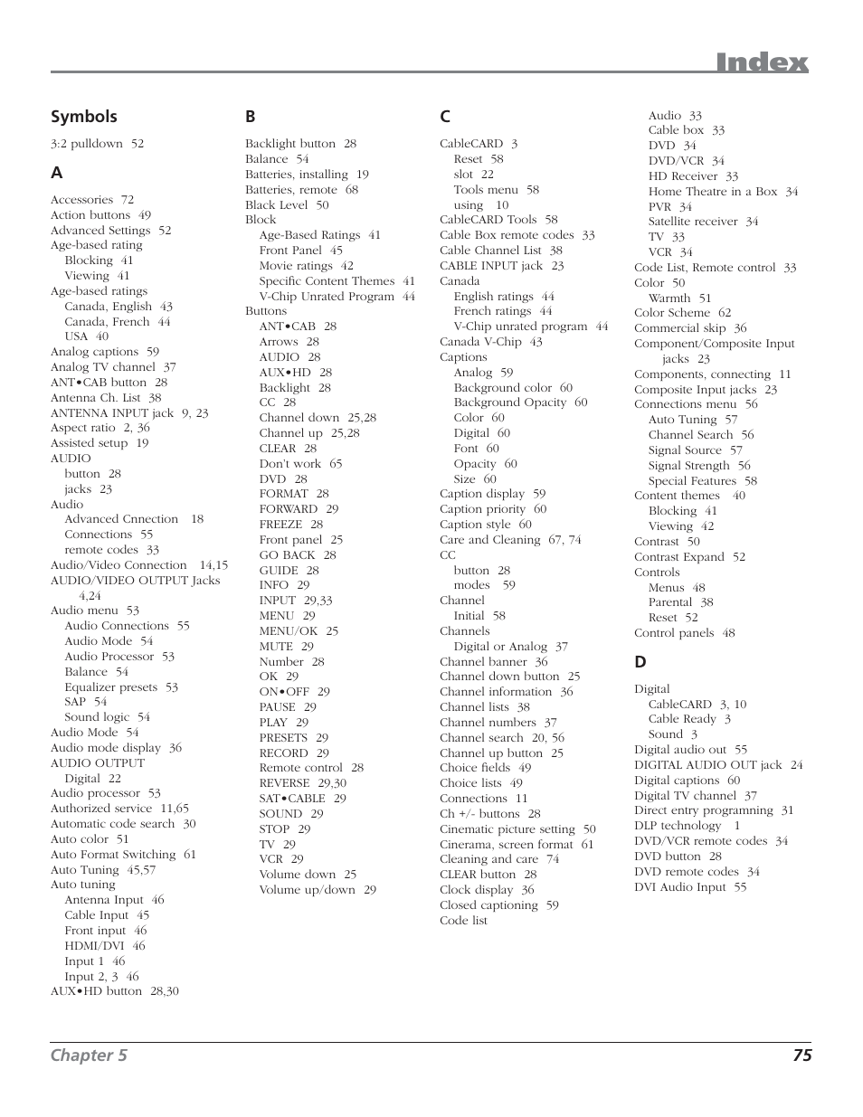 Index | RCA HD50LPW62B User Manual | Page 77 / 80