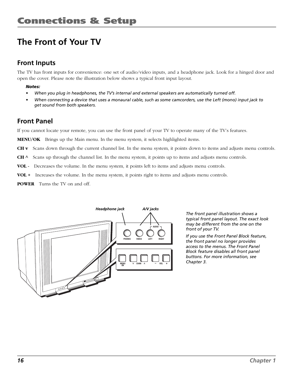 Front panel, Front inputs front panel, Connections & setup | The front of your tv, Front inputs, 16 chapter 1 | RCA D32TF20 User Manual | Page 18 / 80