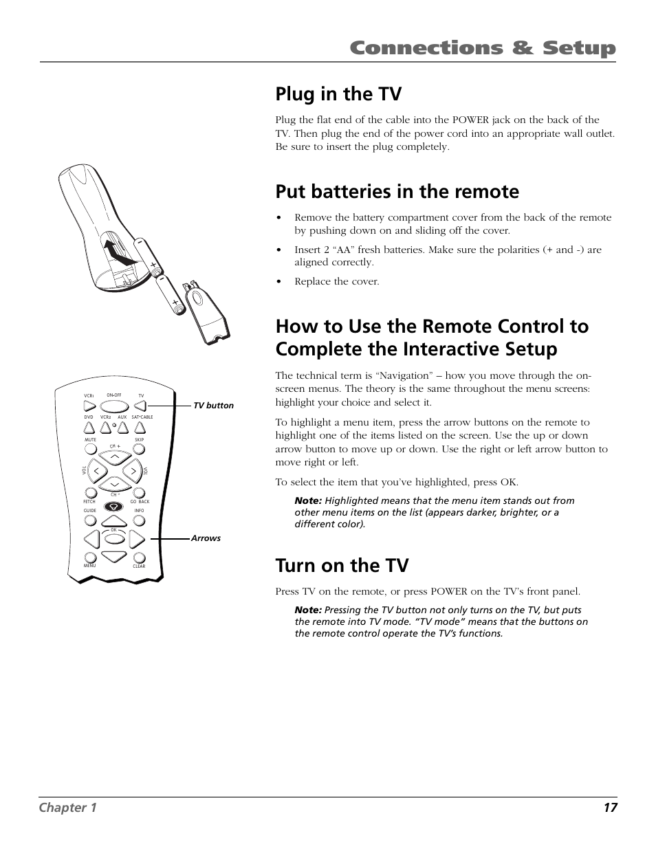 Plug in the tv, Place batteries in the remote, Turn on the tv 17 | Plug in the tv place batteries in the remote, Connections & setup, Put batteries in the remote, Turn on the tv, Chapter 1 17 | RCA D32TF20 User Manual | Page 19 / 80