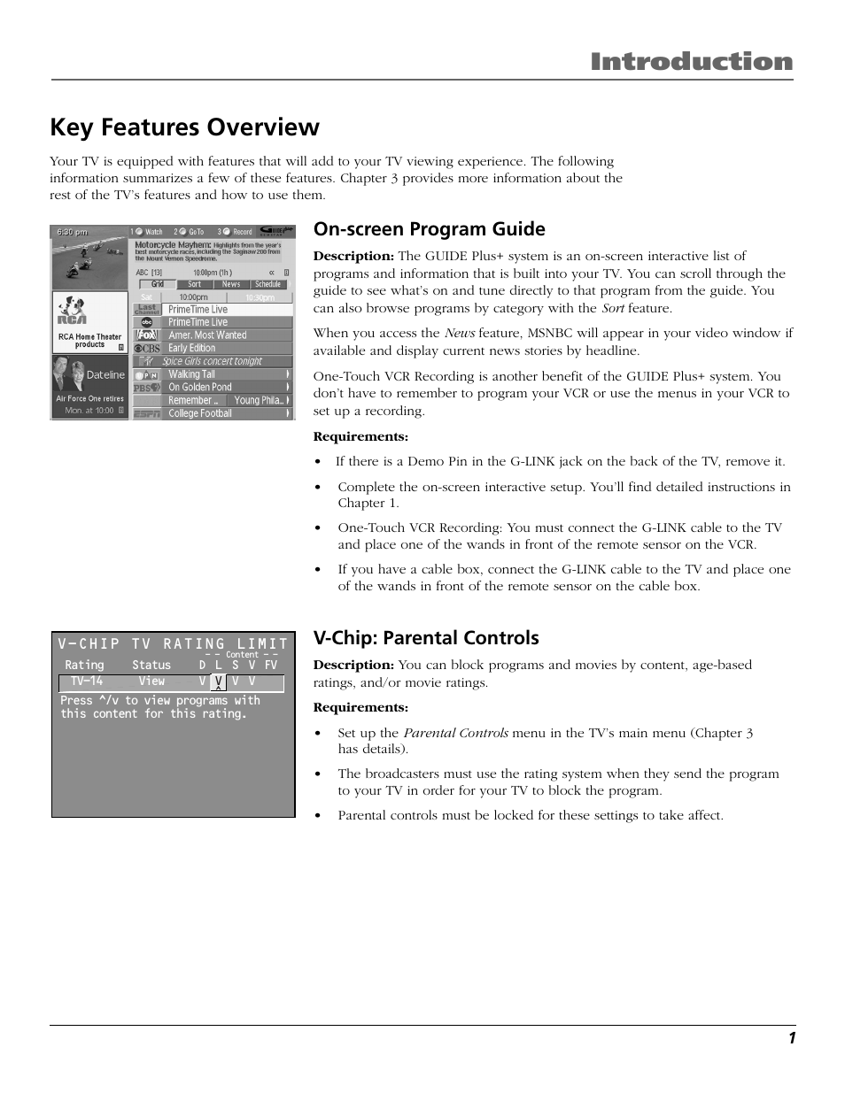 Key features overview, On-screen program guide, V-chip: parental controls | Introduction key features overview | RCA D32TF20 User Manual | Page 3 / 80