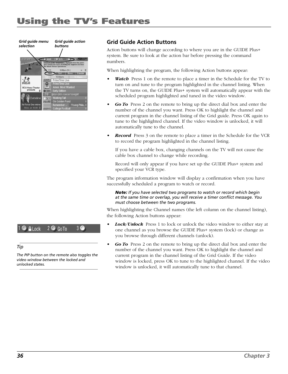 Grid guide, Using the tv’s features | RCA D32TF20 User Manual | Page 38 / 80