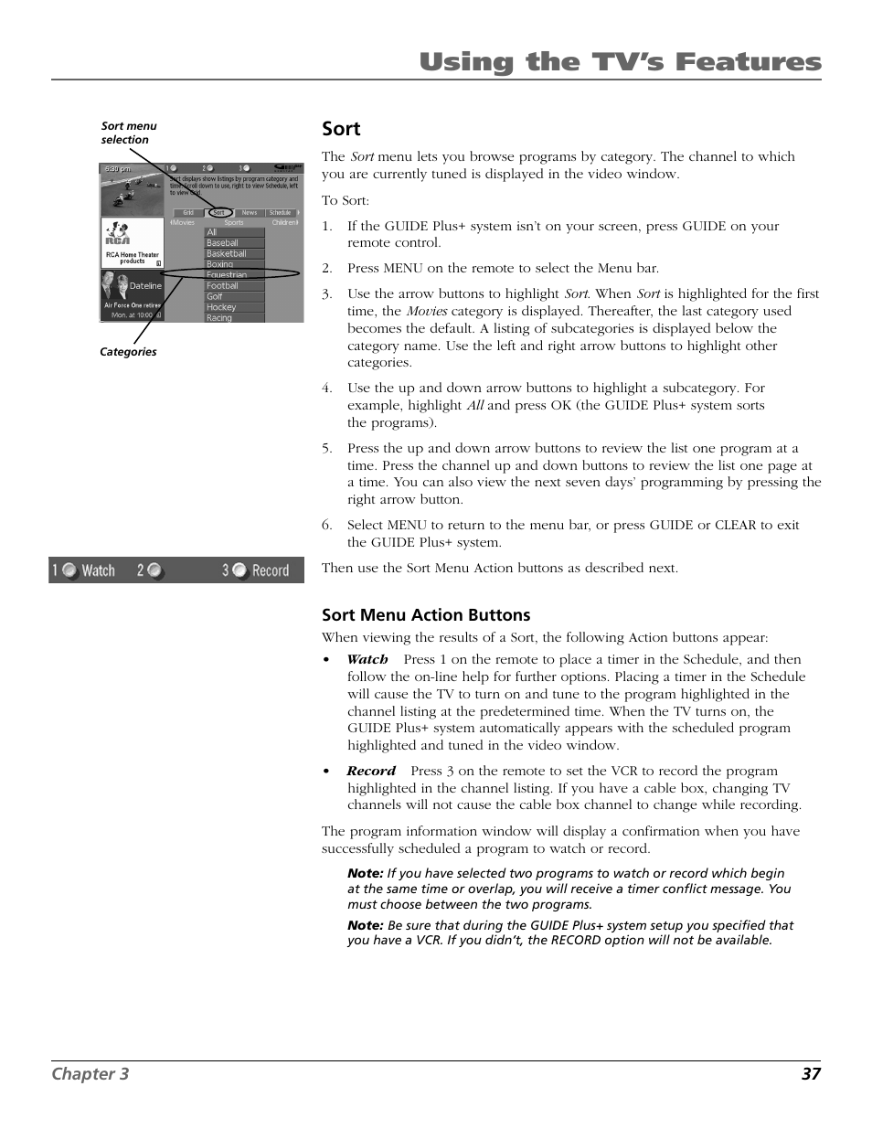 Sort, Using the tv’s features | RCA D32TF20 User Manual | Page 39 / 80