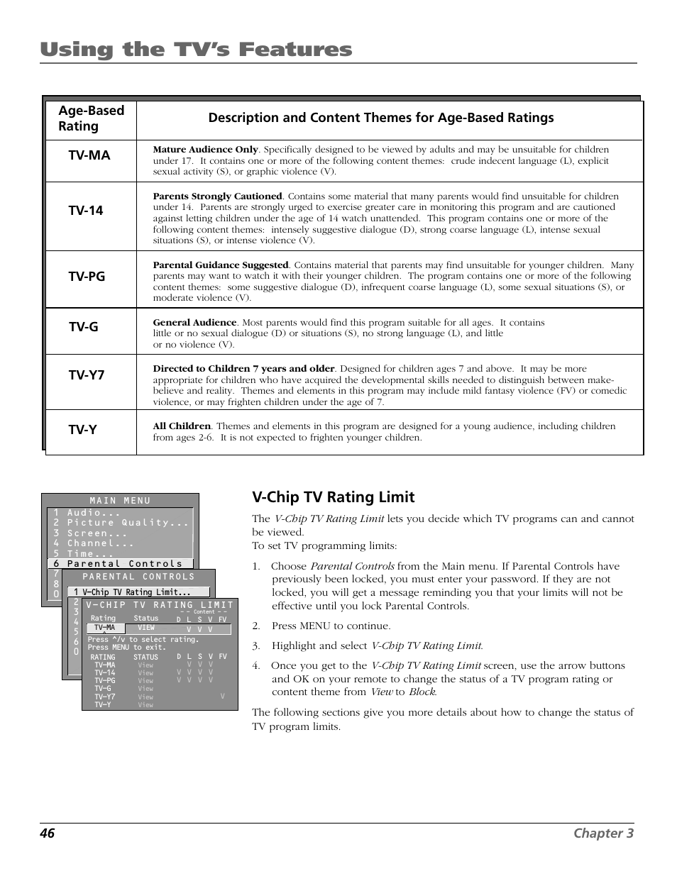 V-chip tv rating limit, How v-chip works, Using the tv’s features | 46 chapter 3 | RCA D32TF20 User Manual | Page 48 / 80