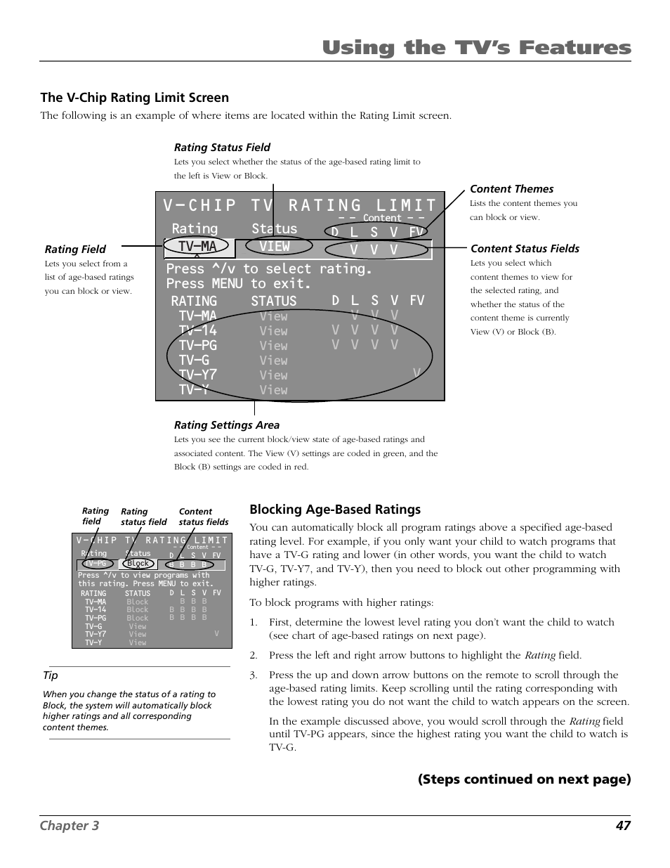 V-chip tv rating limit, Using the tv’s features, Rating status tv-ma view | Tv-14, Tv-pg, Tv-g, Tv-y7, Tv-y, View | RCA D32TF20 User Manual | Page 49 / 80